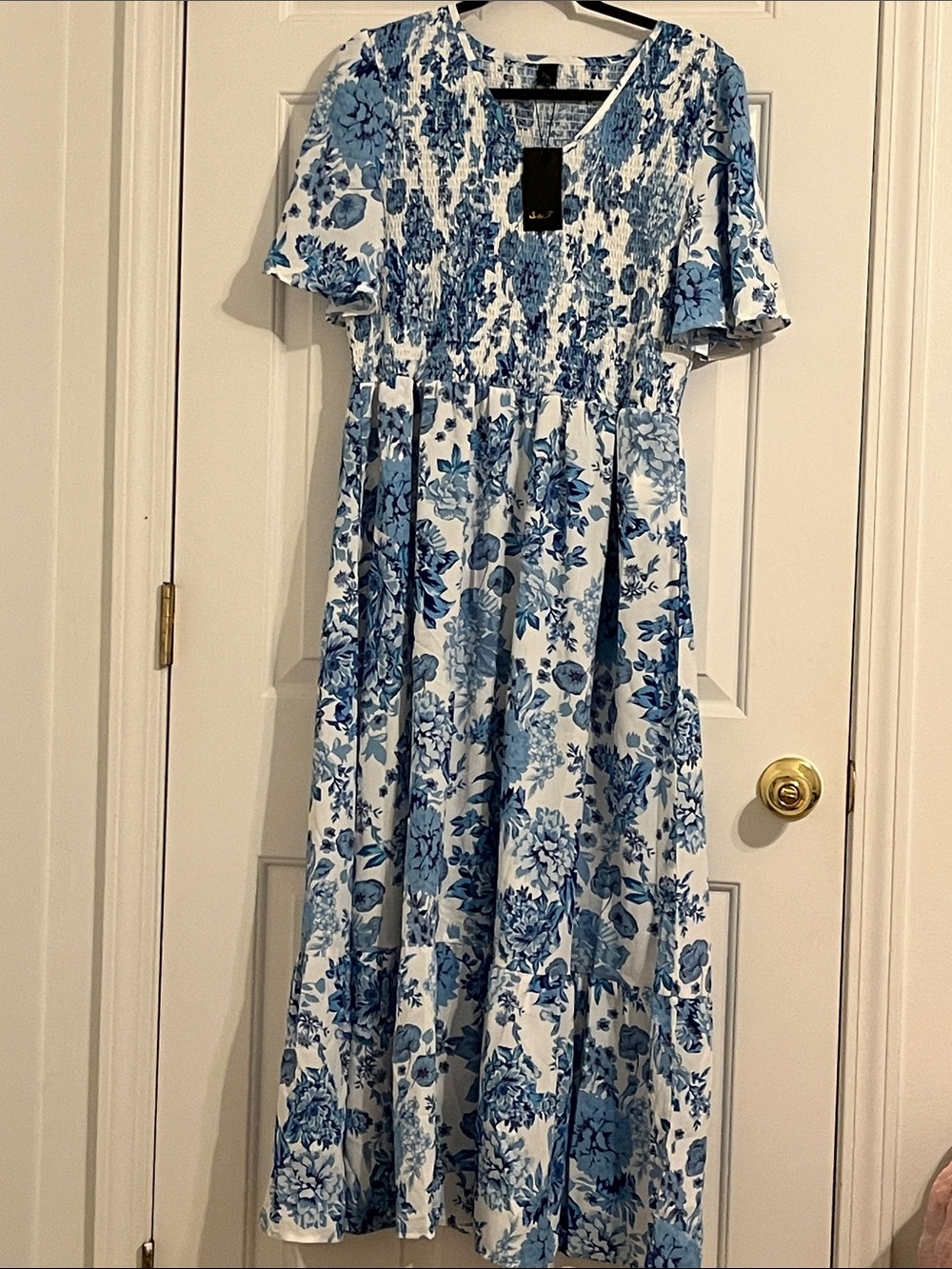 Blue Floral Smocked Waist Midi Dress